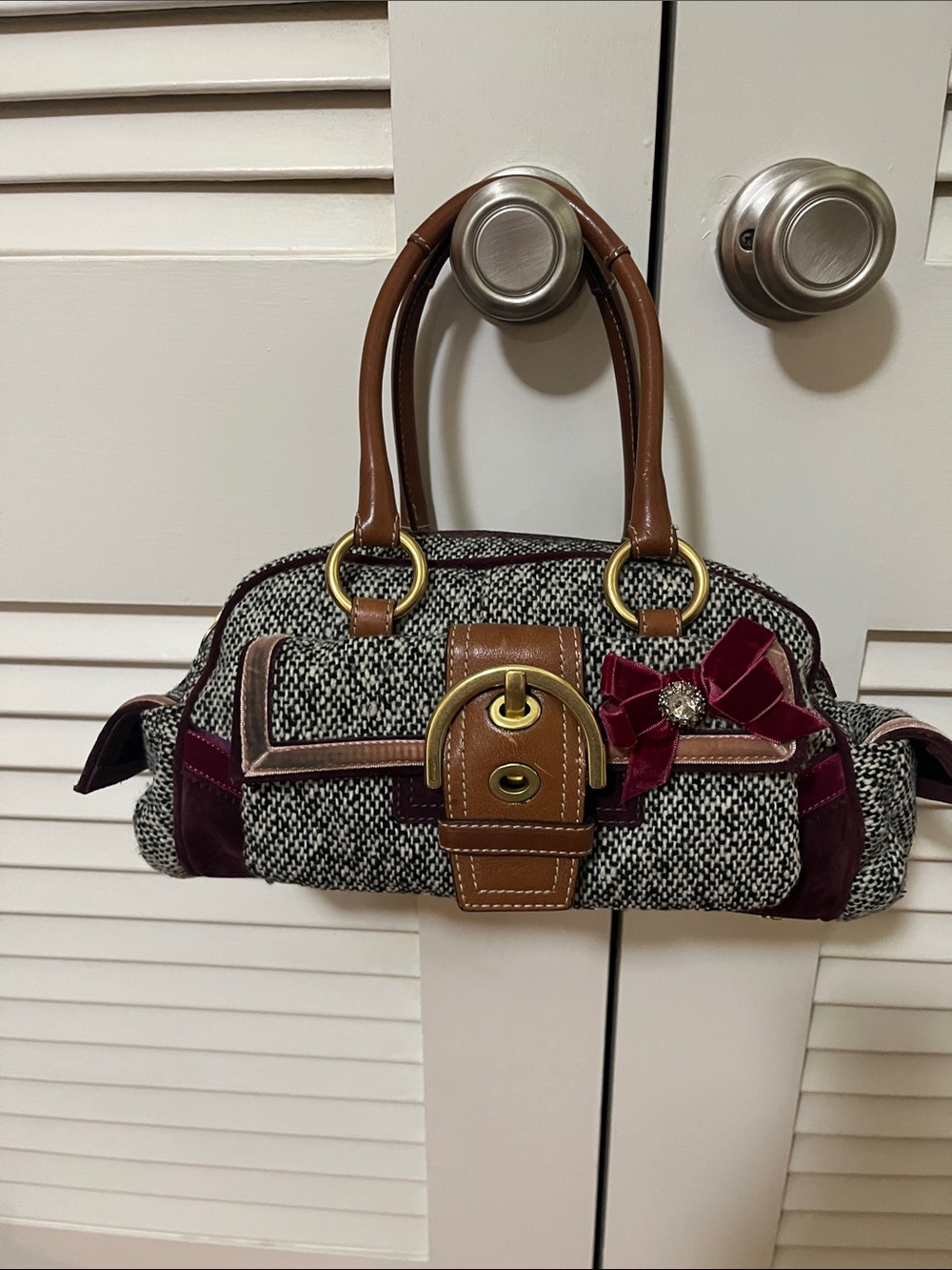 Coach Tweed Shoulder Bag with Burgundy Velvet & Tan Leather